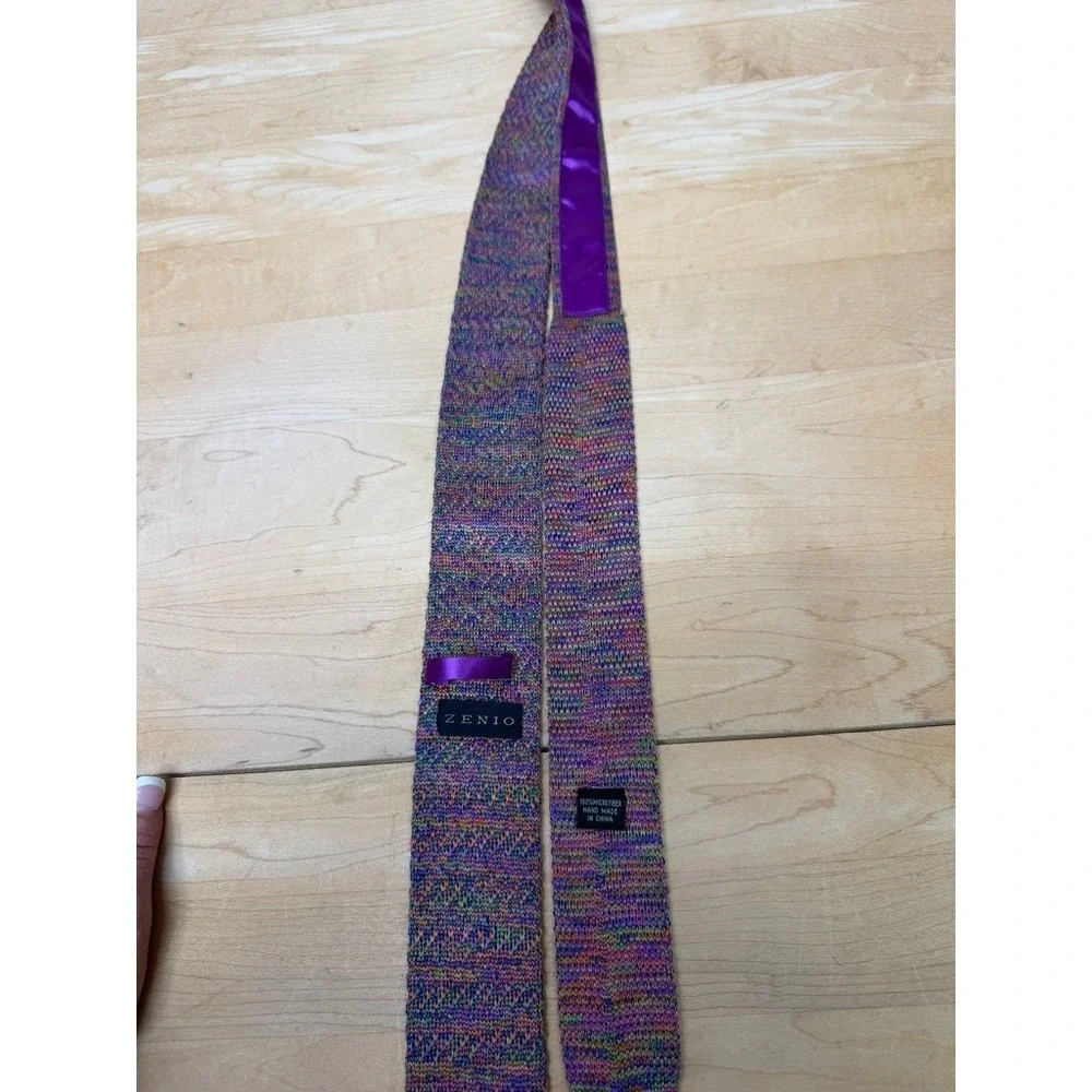 Zenio Mens Sq Tip Knit Tie Multicolor Purple Blue Green Microfiber 58in Office